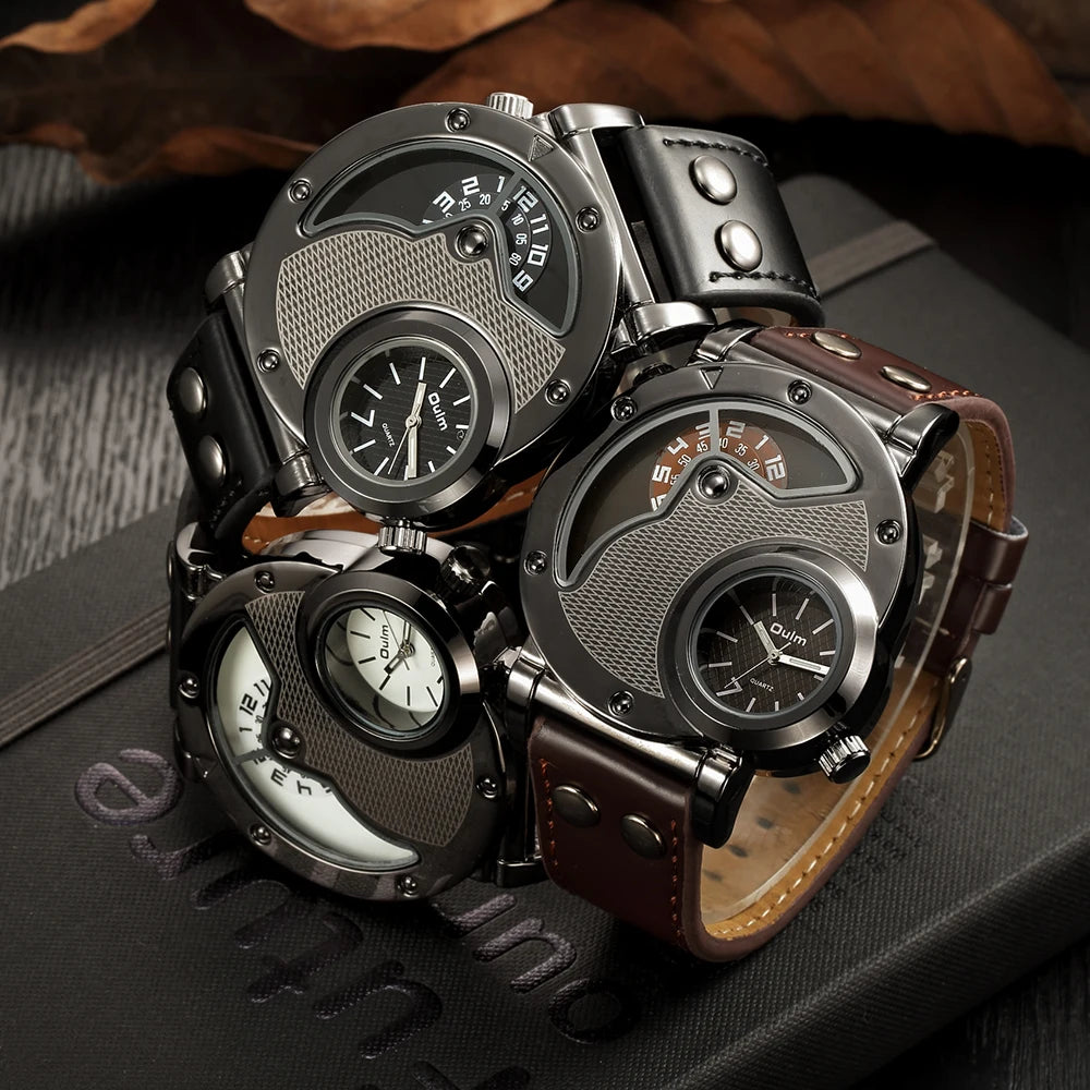 Oulm Two Time Zone Sports Wristwatch Military Army Men's Casual PU Leather Strap Antique Designer Quartz Watch Male Clock