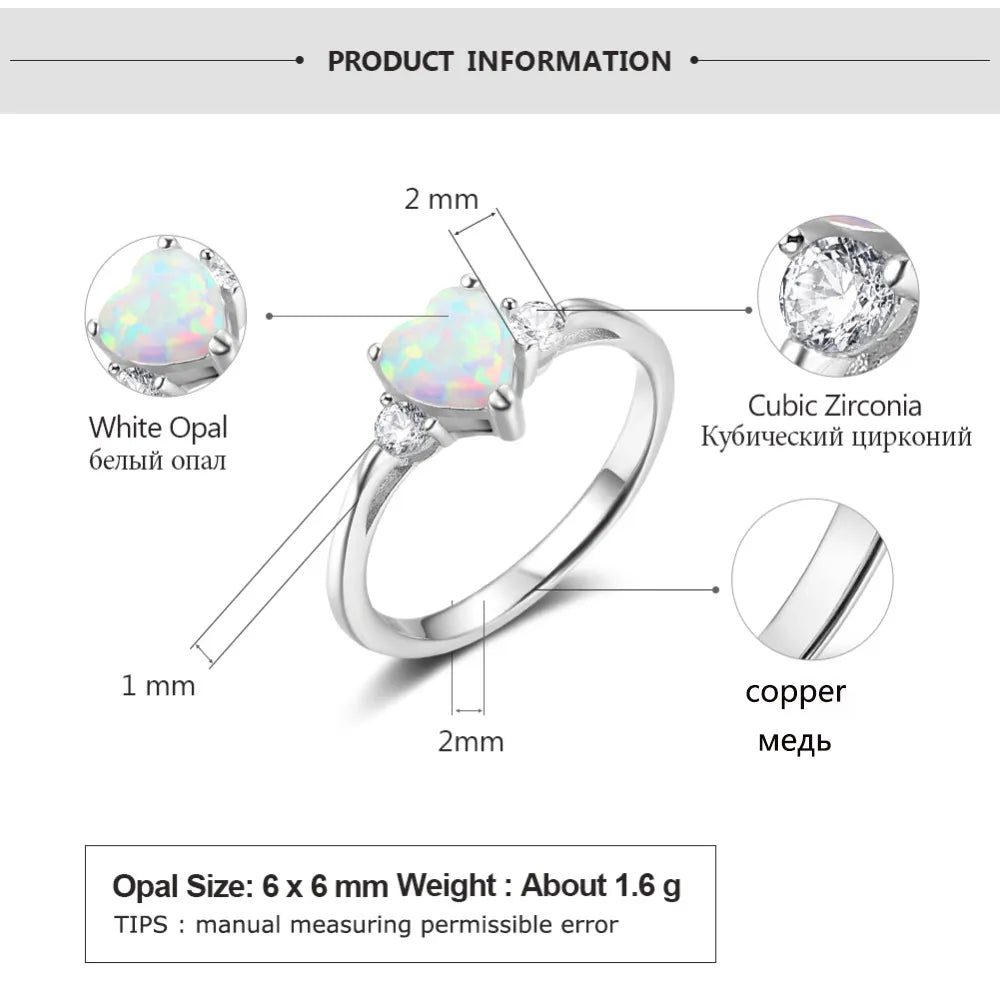 Classic Eternal Heart Rings Silver Color Blue Pink White Opal Women's Ring Engagement Finger Ring Fashion Jewelry for Women