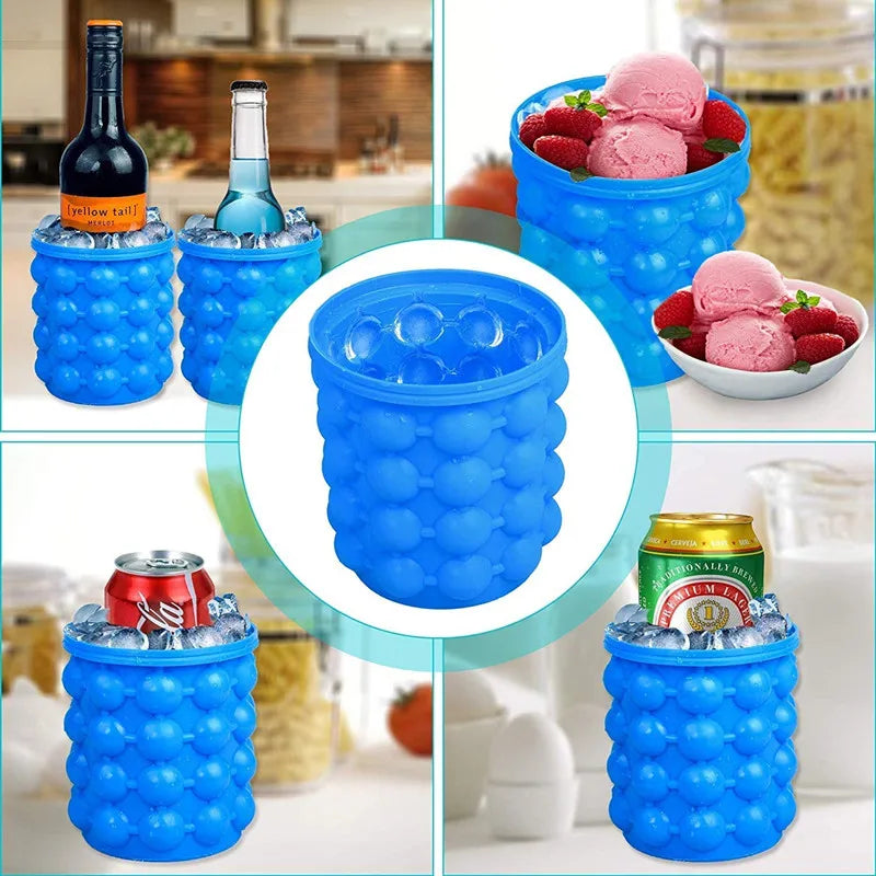 Portable 2 in 1 Large Silicone Ice Bucket Mold with Lid Space Saving Cube Maker Tools for Kitchen Party Barware