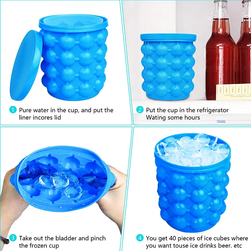 Portable 2 in 1 Large Silicone Ice Bucket Mold with Lid Space Saving Cube Maker Tools for Kitchen Party Barware